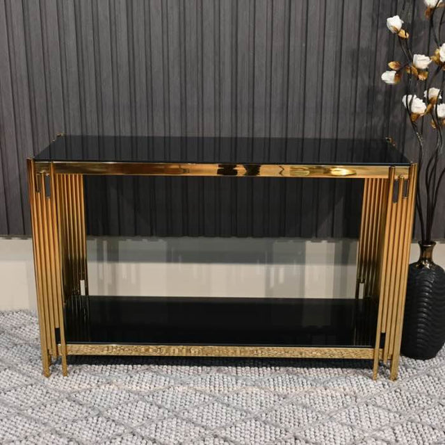 Luxury-tempered-black-glass-hallway-console-table-with-gold-stainless-steel-base