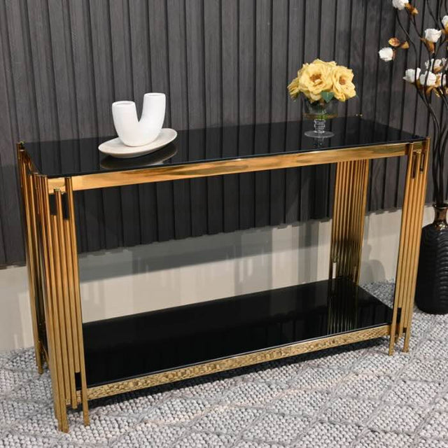 Luxury-tempered-black-glass-hallway-console-table-with-gold-stainless-steel-base