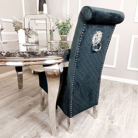 Luxury-black-velvet-dining-chairs-chrome-legs-lion-knocker-quilted-back