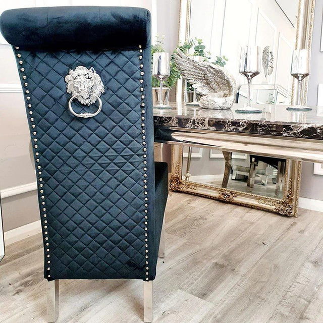 Luxury-black-velvet-dining-chairs-chrome-legs-lion-knocker-quilted-back