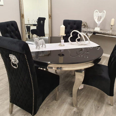 Luxury-black-velvet-dining-chairs-chrome-legs-lion-knocker-quilted-back