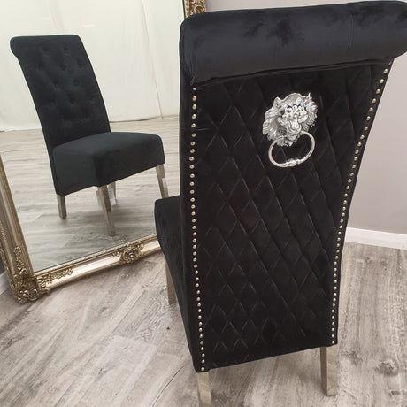 Luxury-black-velvet-dining-chairs-chrome-legs-lion-knocker-quilted-back