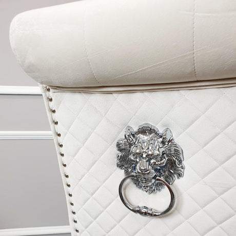 Luxury-cream-velvet-dining-chairs-chrome-legs-lion-knocker-quilted-back