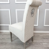 Luxury-cream-velvet-dining-chairs-chrome-legs-lion-knocker-quilted-back