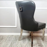 Luxury-dark-grey-leather-dining-chairs-chrome-legs-knocker-back