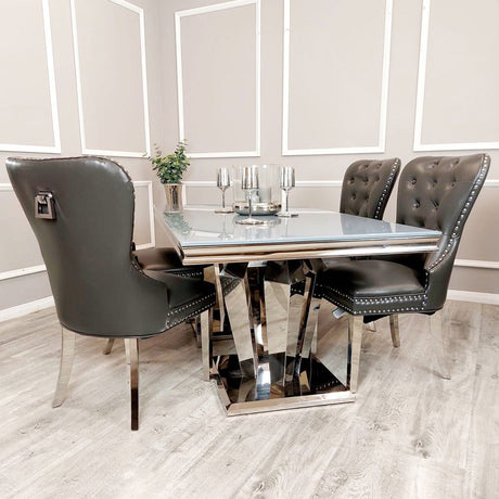 Luxury-dark-grey-leather-dining-chairs-chrome-legs-knocker-back