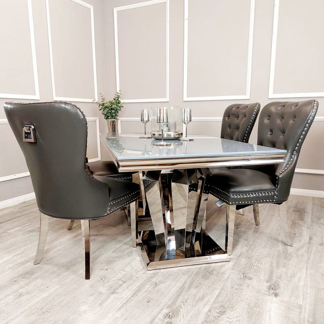 Luxury-dark-grey-leather-dining-chairs-chrome-legs-knocker-back