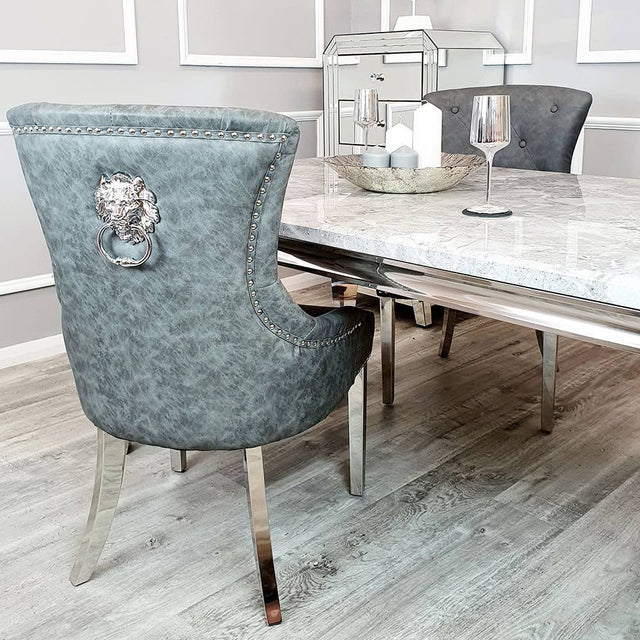 Luxury-dark-grey-leather-dining-chairs-chrome-legs-lion-knocker