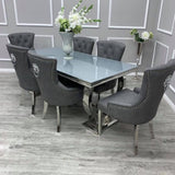 Luxury-dark-grey-leather-dining-chairs-chrome-legs-lion-knocker