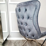 Luxury-dark-grey-velvet-dining-chairs-chrome-cross-legs