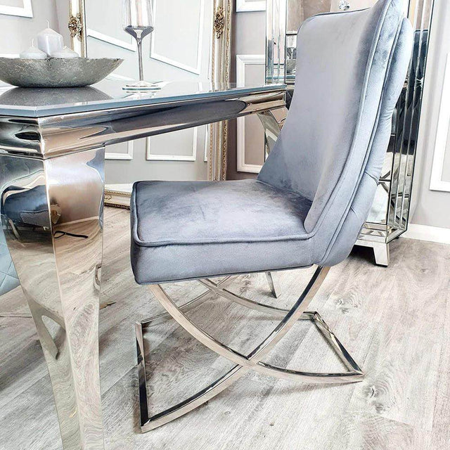 Luxury-dark-grey-velvet-dining-chairs-chrome-cross-legs