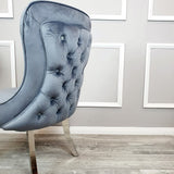 Luxury-dark-grey-velvet-dining-chairs-chrome-legs-button-back