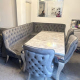 Luxury-dark-grey-velvet-dining-chairs-chrome-legs-button-back