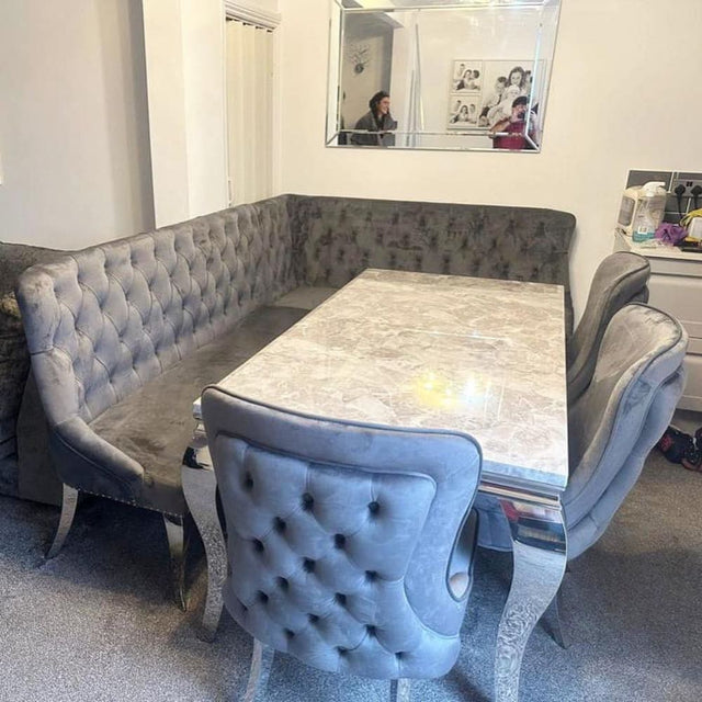 Luxury-dark-grey-velvet-dining-chairs-chrome-legs-button-back