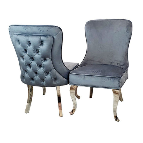 Luxury-dark-grey-velvet-dining-chairs-chrome-legs-button-back