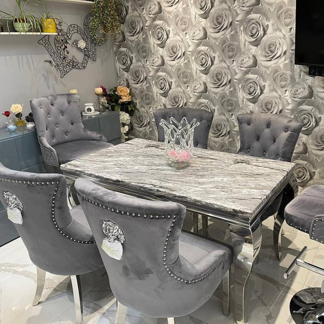 Luxury-dark-grey-velvet-dining-chairs-chrome-legs-lion-knocker