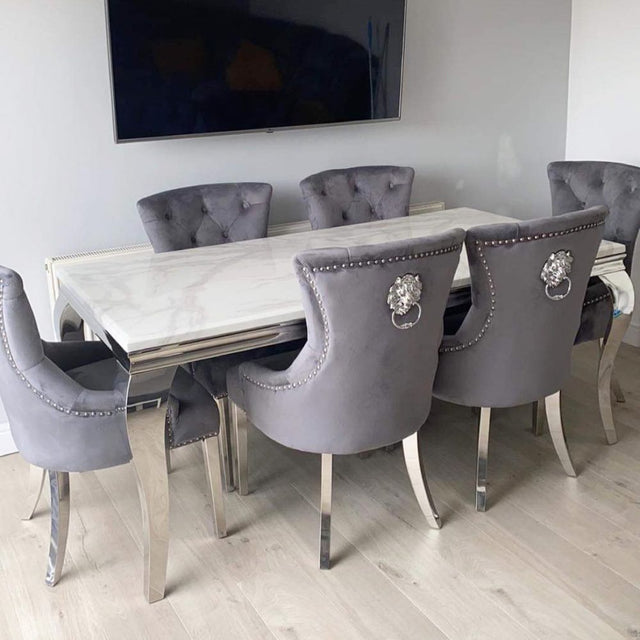 Luxury-dark-grey-velvet-dining-chairs-chrome-legs-lion-knocker