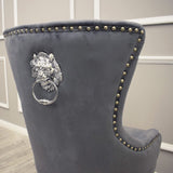 Luxury-dark-grey-velvet-dining-chairs-chrome-legs-lion-knocker