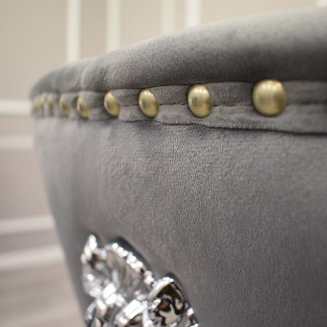 Luxury-dark-grey-velvet-dining-chairs-chrome-legs-lion-knocker