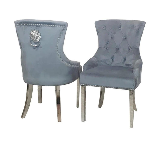 Luxury-dark-grey-velvet-dining-chairs-chrome-legs-lion-knocker