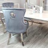 Luxury-dark-grey-velvet-dining-chairs-chrome-legs-lion-knocker