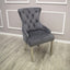 Luxury-dark-grey-velvet-dining-chairs-chrome-legs-lion-knocker