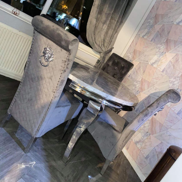 Luxury-grey-velvet-dining-chairs-chrome-legs-lion-knocker-quilted-back