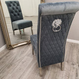 Luxury-grey-velvet-dining-chairs-chrome-legs-lion-knocker-quilted-back