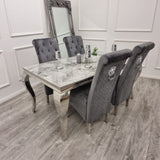 Luxury-grey-velvet-dining-chairs-chrome-legs-lion-knocker-quilted-back