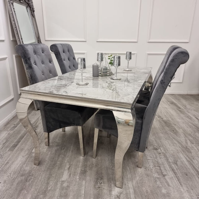 Luxury-grey-velvet-dining-chairs-chrome-legs-lion-knocker-quilted-back