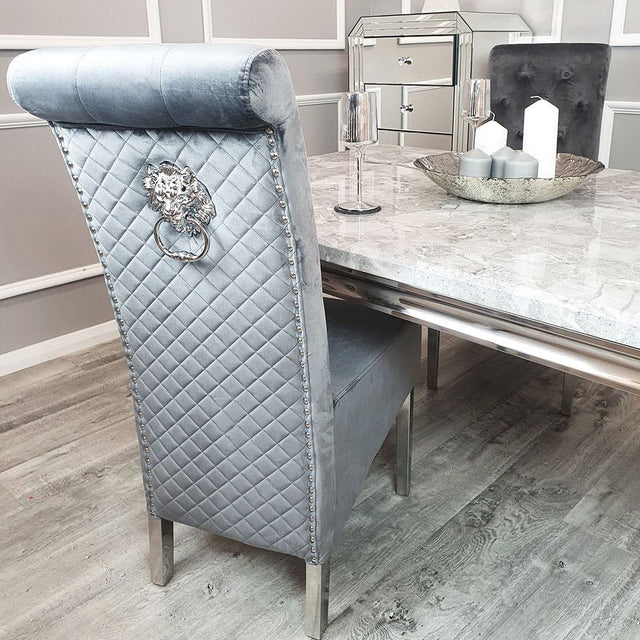 Luxury-grey-velvet-dining-chairs-chrome-legs-lion-knocker-quilted-back