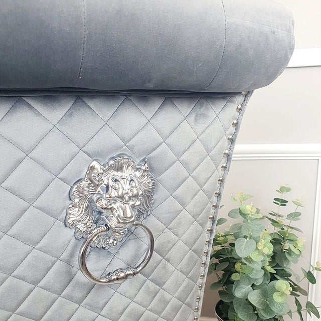 Luxury-grey-velvet-dining-chairs-chrome-legs-lion-knocker-quilted-back