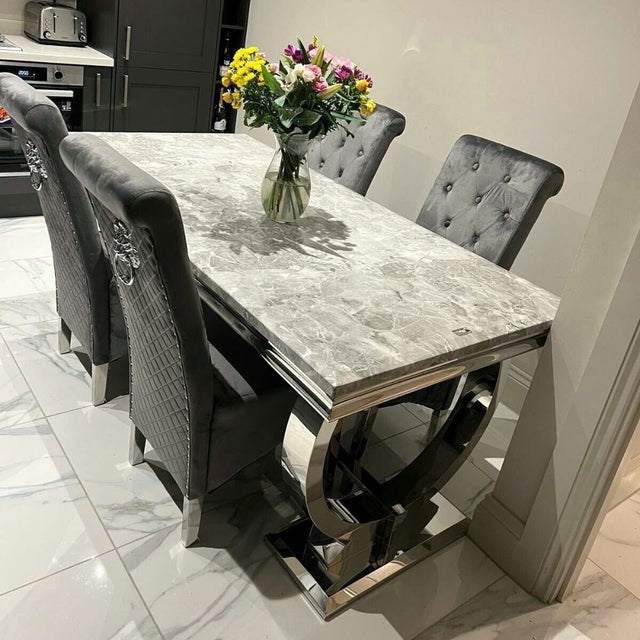 Luxury-grey-velvet-dining-chairs-chrome-legs-lion-knocker-quilted-back