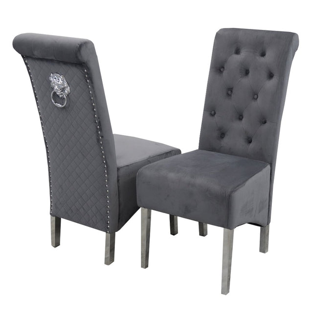 Luxury-grey-velvet-dining-chairs-chrome-legs-lion-knocker-quilted-back