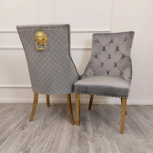 Luxury-grey-velvet-lion-knocker-dining-chairs-gold-legs