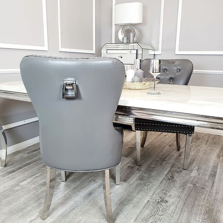 Luxury-light-grey-leather-dining-chairs-chrome-legs-knocker-back