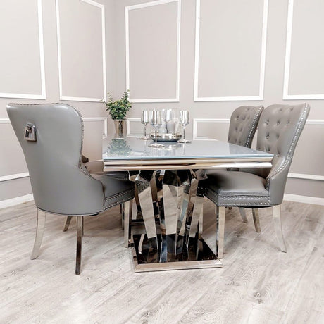 Luxury-light-grey-leather-dining-chairs-chrome-legs-knocker-back