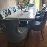 Luxury-light-grey-leather-dining-chairs-chrome-legs-lion-knocker