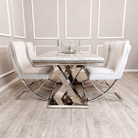 Luxury-light-grey-velvet-dining-chairs-chrome-cross-legs