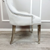 Luxury-light-grey-velvet-dining-chairs-chrome-legs-lion-knocker