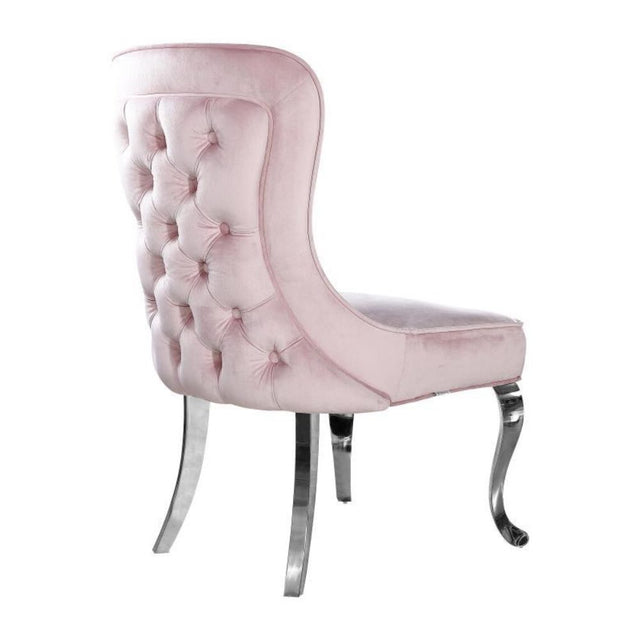 Luxury-pink-velvet-dining-chairs-chrome-legs-button-back