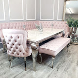 Luxury-pink-velvet-dining-chairs-chrome-legs-button-back