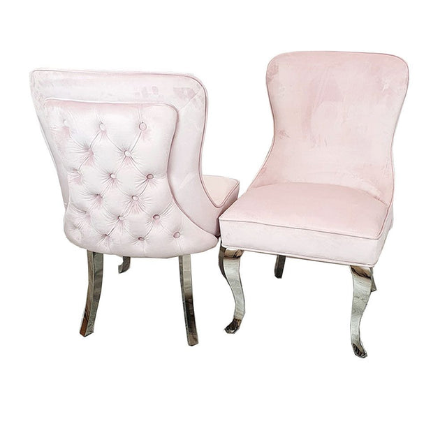 Luxury-pink-velvet-dining-chairs-chrome-legs-button-back