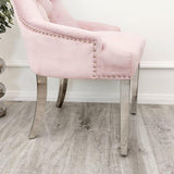 Luxury-pink-velvet-dining-chairs-chrome-legs-lion-knocker