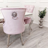 Luxury-pink-velvet-dining-chairs-chrome-legs-lion-knocker