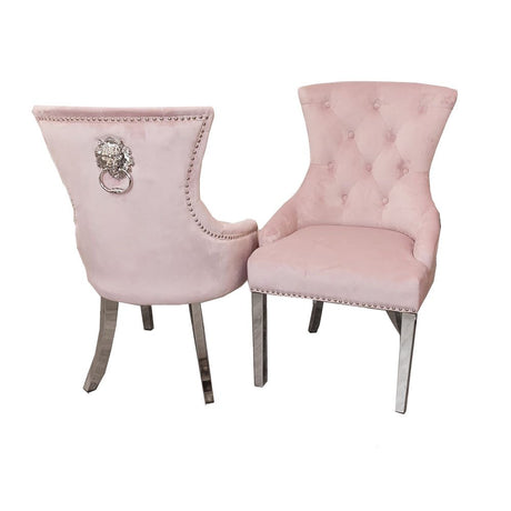 Luxury-pink-velvet-dining-chairs-chrome-legs-lion-knocker