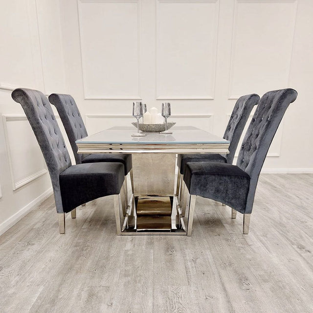 Luxury-shimmer-grey-velvet-dining-chairs-chrome-legs-lion-knocker-quilted-back