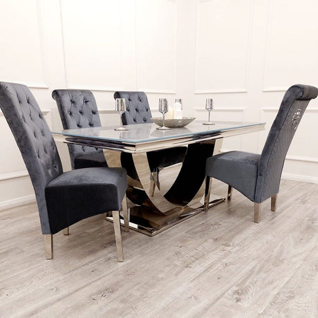 Luxury-shimmer-grey-velvet-dining-chairs-chrome-legs-lion-knocker-quilted-back