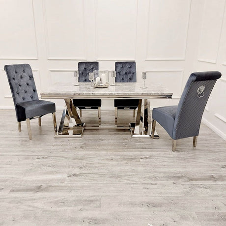 Luxury-shimmer-grey-velvet-dining-chairs-chrome-legs-lion-knocker-quilted-back