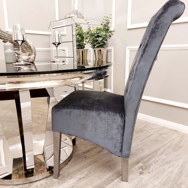 Luxury-shimmer-grey-velvet-dining-chairs-chrome-legs-lion-knocker-quilted-back